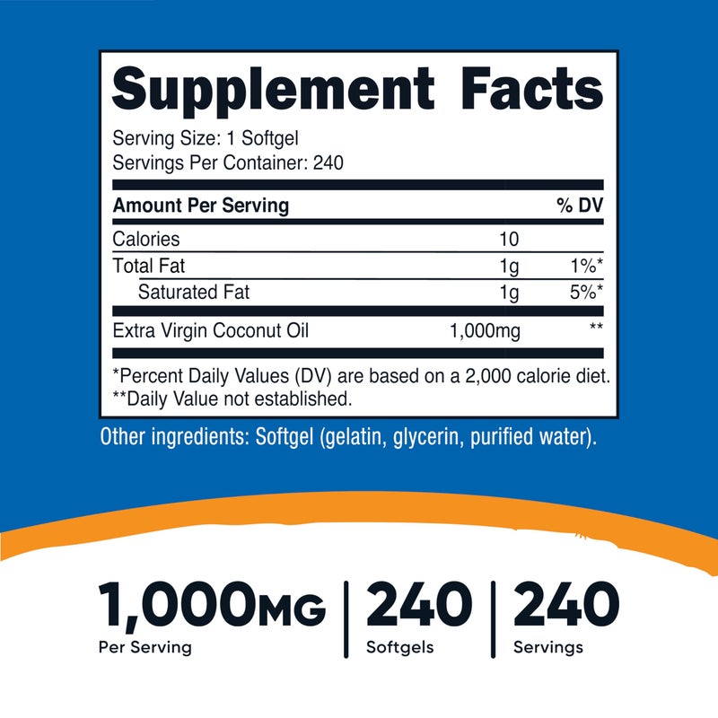 كبسولات زيت جوز الهند من نوتريكوست (1000 ملغ) 240 كبسولة - زيت جوز الهند البكر الممتاز - خالٍ من الغلوتين وغير معدل وراثيًا - Image 2